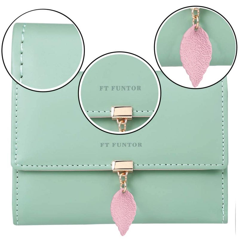 FT FUNTOR RFID Wallets for Women, Leaf Card Holder Trifold Ladies Wallets Coins Zipper Pocket with ID Window Green - Image 3